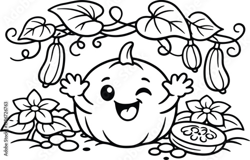 Happy cartoon pumpkin character with winking eye black and white vegetable patch food ingredient