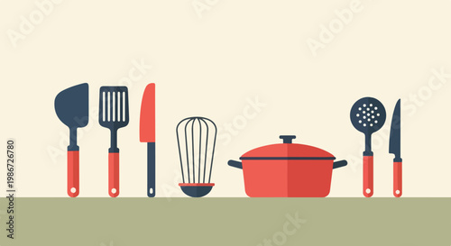 This flat vector illustration showcases a variety of essential red and grey kitchen utensils, such as a pot, whisk, and knives, on a green surface.
