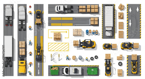 Aerial View of Transportation and Logistics Operations with Trucks, Forklifts, and Cargo.