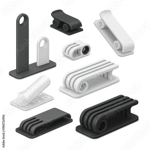 Assorted desk cable clips and organizers in multiple colors for tidy computer setup.