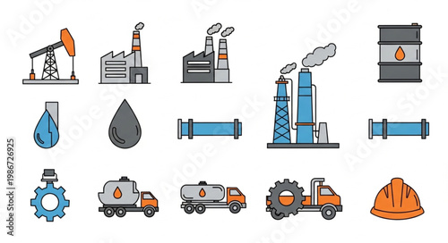 Oil and Gas Industry Icons - Production, Transportation, and Safety.