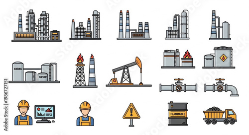 Oil and Gas Industry Icons - Refinery, Pumpjack, Pipeline, and Workers.