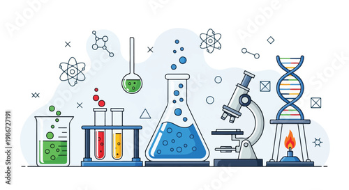 A colorful illustration of various science lab equipment and symbols