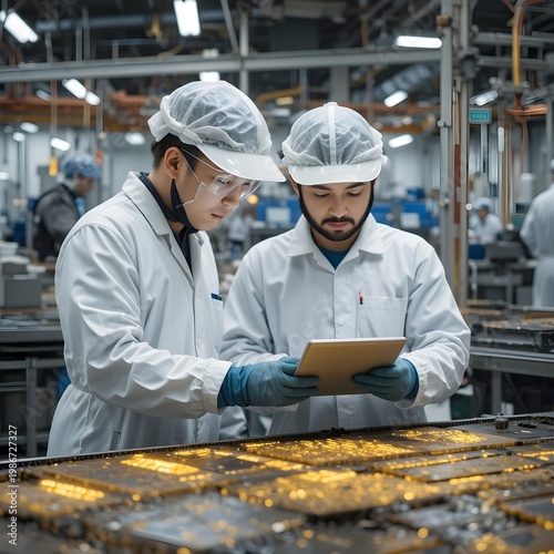 Two individuals in a professional industrial setting focused on a document 