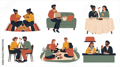 People Enjoying Food Together Vector Set – Dining, Pizza, Picnic, and Restaurant Scenes
