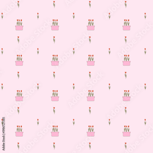 Pattern con vasi di tulipani su sfondo rosa chiaro. Per carta da parati, sfondi, tessuti e materiali tessili, confezioni di cosmetici e profumi, carta da regalo