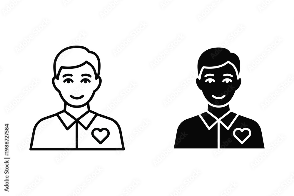 Fototapeta premium Man with heart icon on chest, vector illustration in outline and solid black style