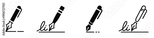 Set of four black fountain pen showing writing and signing actions on a horizontal line isolated on a white background