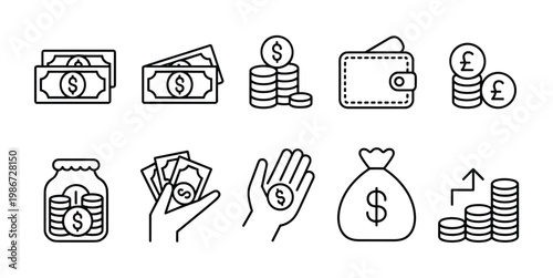 Set of ten black line depicting financial concepts including dollar banknotes coins wallet pound sterling symbols hand holding money savings jar money bag and a rising bar chart of coins