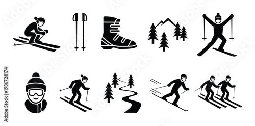 Set of ten black silhouette depicting skiing activities winter sports equipment mountain landscapes and people wearing goggles and hats on a plain white background