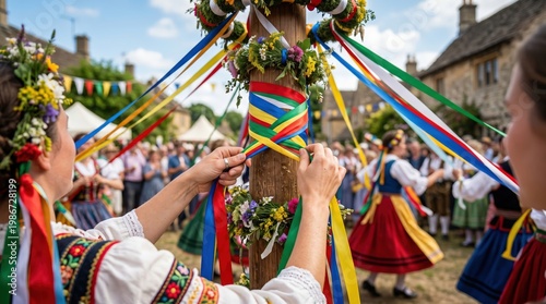 Traditional May Day celebration with people dancing around a maypole