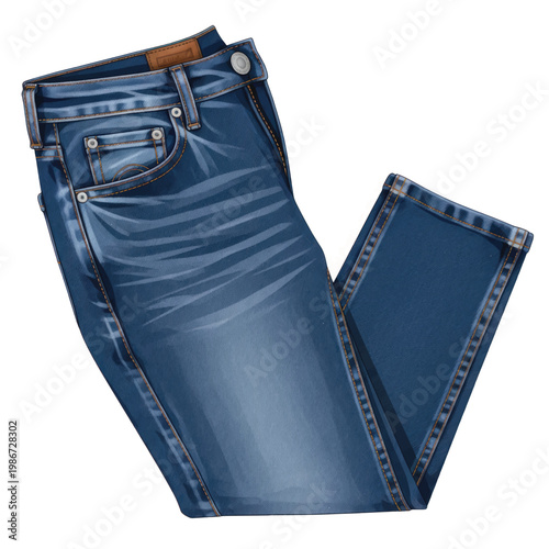 Folded blue denim jeans displayed flat with pockets, seams, and belt loop details in casual fashion scene.