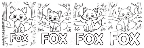 Cute fox cartoon coloring page with forest background, adorable fox character sitting and smiling in woodland scene for kids activity, simple outline illustration