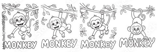 Cute monkey cartoon coloring page with jungle tree branch, playful monkey hanging and smiling in nature scene for kids activity, simple outline illustration
