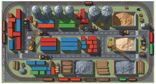 Aerial View of a Busy Industrial Port with Containers and Cargo.