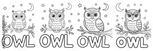 Cute owl cartoon coloring page with night sky stars and moon, adorable owl sitting on tree branch in nature scene for kids activity, simple outline illustration