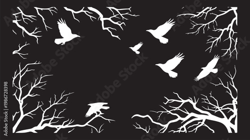 Spooky halloween graveyard scene with bare trees tombstones and flying bats on white background