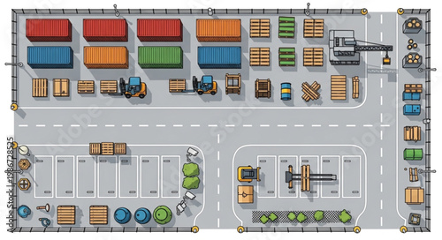 Overhead View of a Busy Industrial Shipping Yard with Containers and Vehicles.