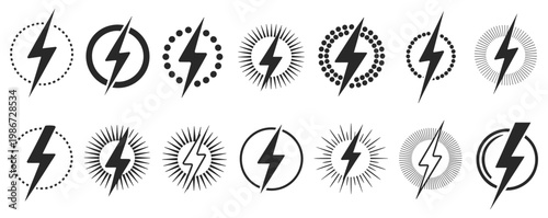 Set of fourteen black lightning bolt enclosed in various circular frames with dots lines and solid borders isolated on a white background for and digital interface