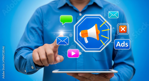 Digital Marketing Icons and Megaphone Illustrating Online Advertising and Communication Strategies