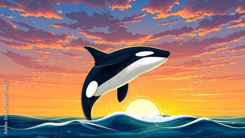 Majestic Orca Whale Breaching at Sunset