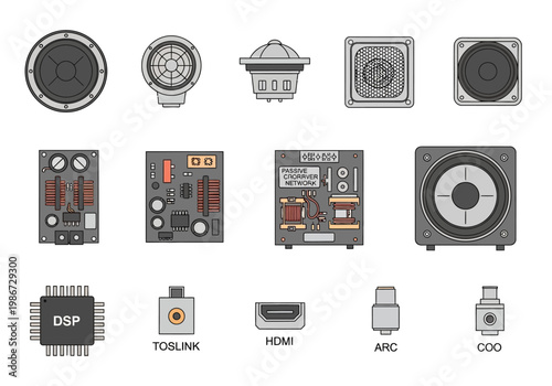Electronic components and audio equipment illustrated in a technical drawing