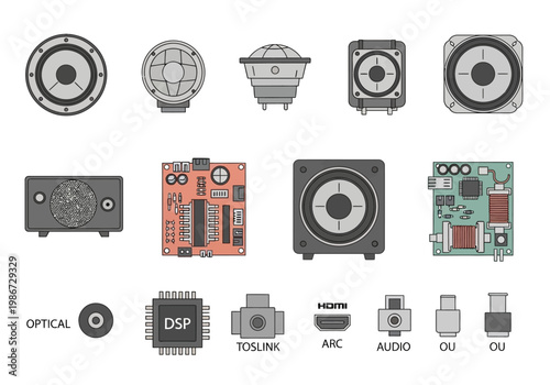 Various audio equipment and electronic components are arranged on a table.