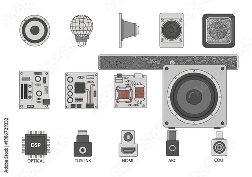 An illustration showcases various audio equipment and components neatly arranged.