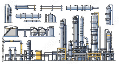 Detailed Illustration of an Industrial Oil Refinery Complex.