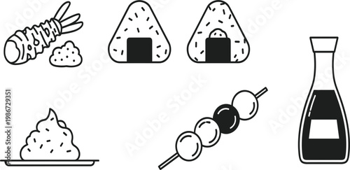 Japanese Food Line Icons Set with Onigiri Rice Balls Shrimp Tempura Dango Skewers Soy Sauce and Wasabi Minimal Outline Vector Illustration