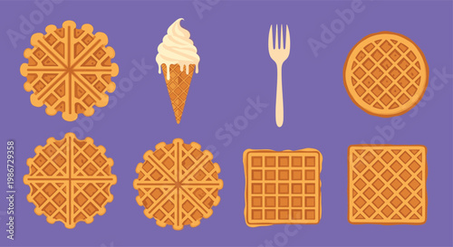 Assorted waffle shapes, an ice cream cone, and a wooden fork displayed against a solid purple background icons.