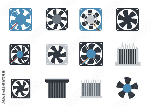 Various computer cooling fans and heat sinks on a white background