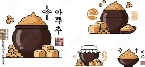 Korean Traditional Fermented Soybean Paste Doenjang with Earthenware Pot and Soybeans Asian Food Illustration Set for Cultural Cuisine Design