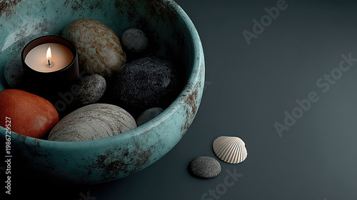 Serene Spa Still Life Candle Stones and Seashells in Bowl.