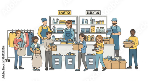 Volunteers collecting and sorting donations for charity helping others in need community service concept with people giving to those less fortunate