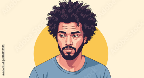 Close-up portrait of a man with dark curly hair and a beard looking thoughtfully to the side, vector illustration.