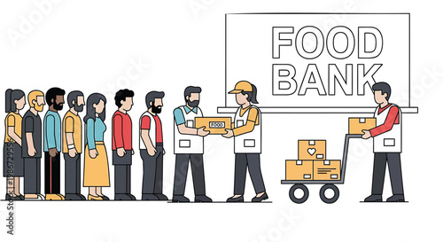 Volunteers distributing food boxes to people in need at a food bank charity event