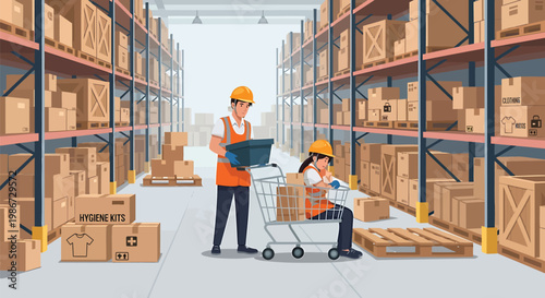 Warehouse workers in orange vests and helmets one pushing a cart with boxes the other with a clipboard in a large storage facility with shelves and pallets