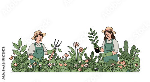 Two gardeners working in a lush flower bed with tools and potted plants, outdoor hobby and landscape maintenance.