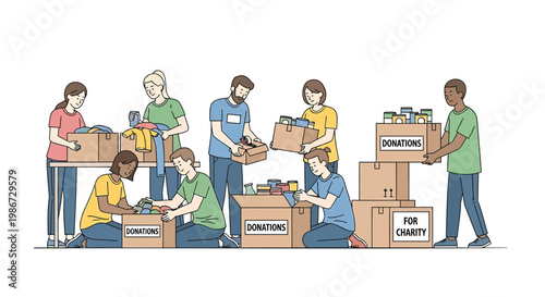 Volunteers collecting and sorting donations for charity teamwork and social responsibility in action