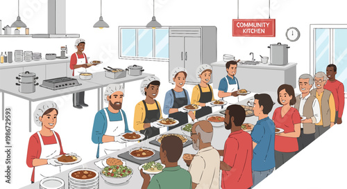 Diverse community people serving and receiving food at a charity kitchen with a sign reading community kitchen