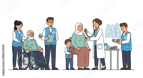 Diverse group of people including doctor patients and volunteers interacting in a charity event setting with a sense of community and care