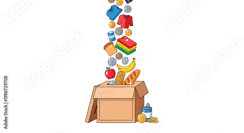 Donation box overflowing with food clothes and school supplies on charity day