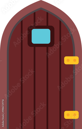 Wooden door featuring an arched top and a small window, detailed with hinges