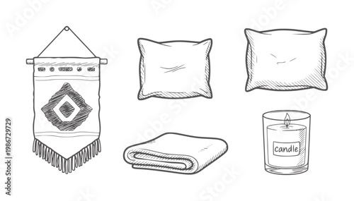 Hand drawn of a decorative wall hanging pillow and candle handdrawn textile wallhanging