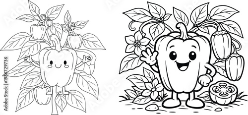 Two cartoon bell peppers one waving on plants with leaves bell pepper black and white vegetable