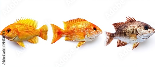 Two Goldfish Swimming in Glass Aquarium Bowl Isolated on White Background, Orange and Golden Tropical Pet Fish Underwater with Bubbles and Aquatic Details
