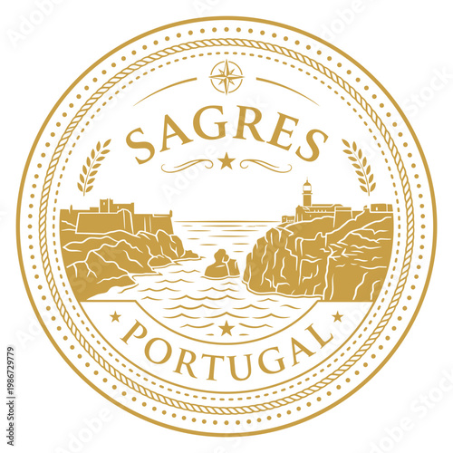 Gold Sagres Portugal vintage travel seal featuring coastal cliffs and lighthouse vector illustration