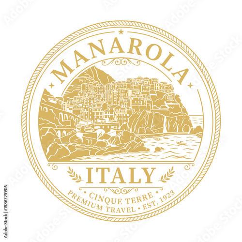Manarola Cinque Terre Italy vintage gold travel seal emblem vector illustration isolated on white
