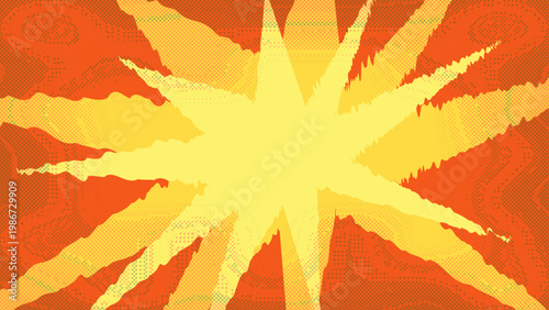 Dynamic Comic Book Style Explosion Background with Halftone Texture | Abstract Yellow and Orange Sunburst Vector with Jagged Radial Rays | Superhero Action Burst Graphic with Retro Pop Art Ben-Day Dot